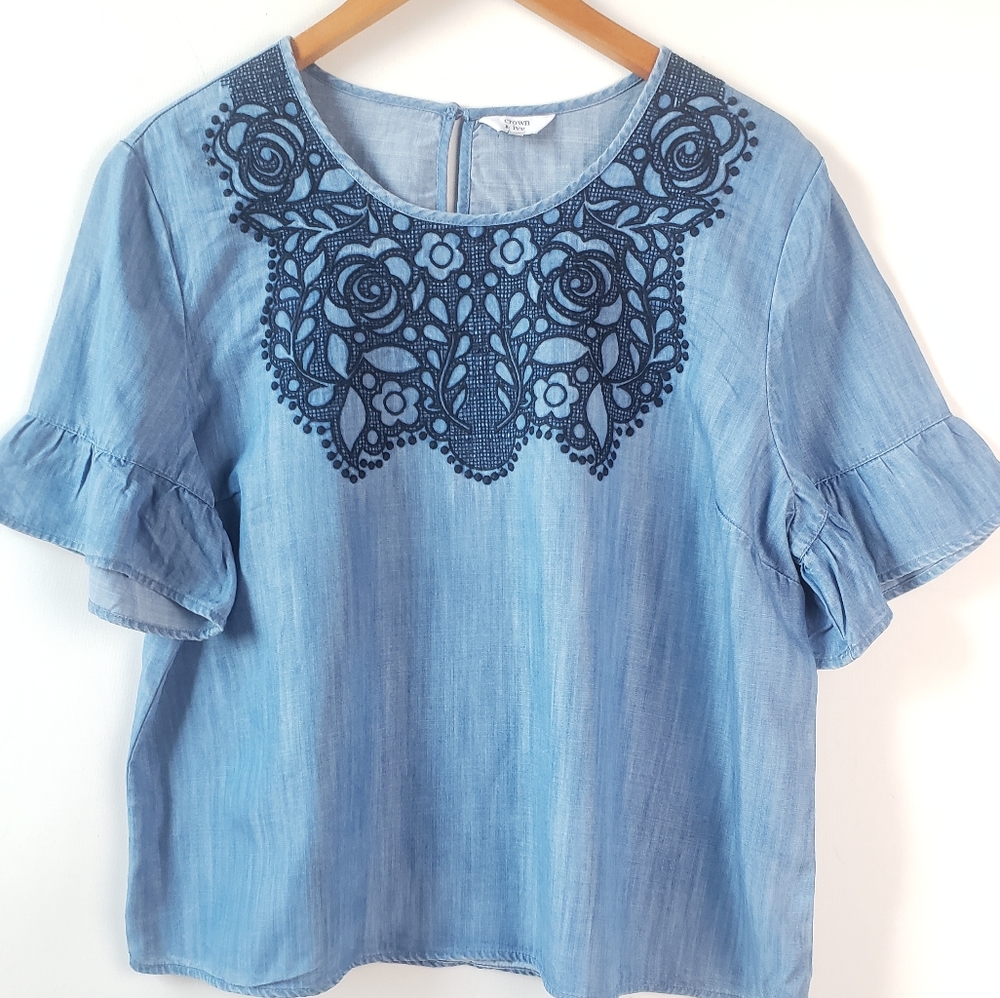 CROWN & IVY Chambray Embroidered Blouse!